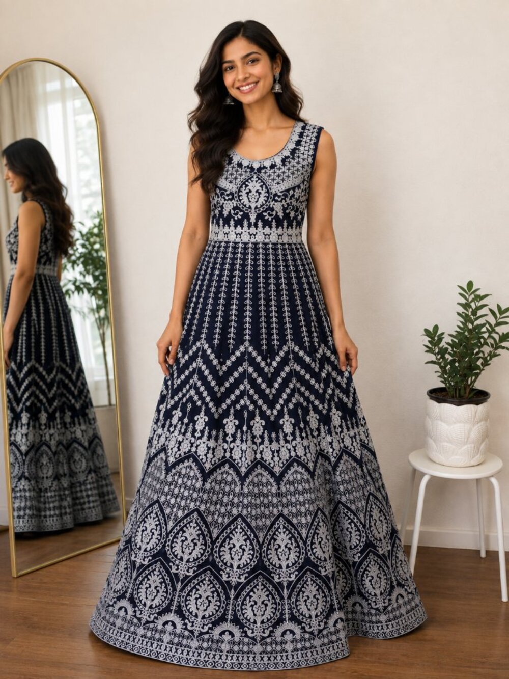 Deep Purple Embroidered Anarkali Gown Mirror Sequin Work Ethnic Dress